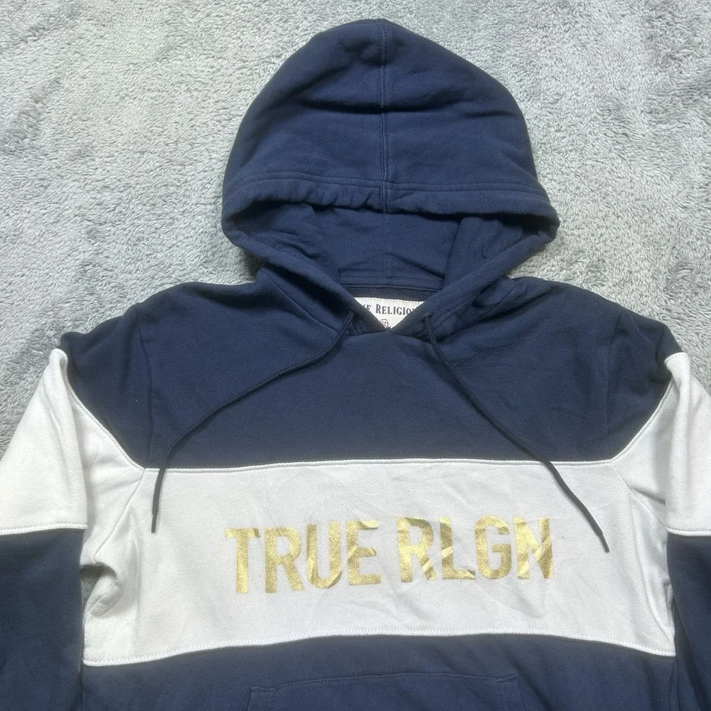 True Religion Hoodie Mens L Blue White Color Block Metallic Logo Sweatshirt SPOT